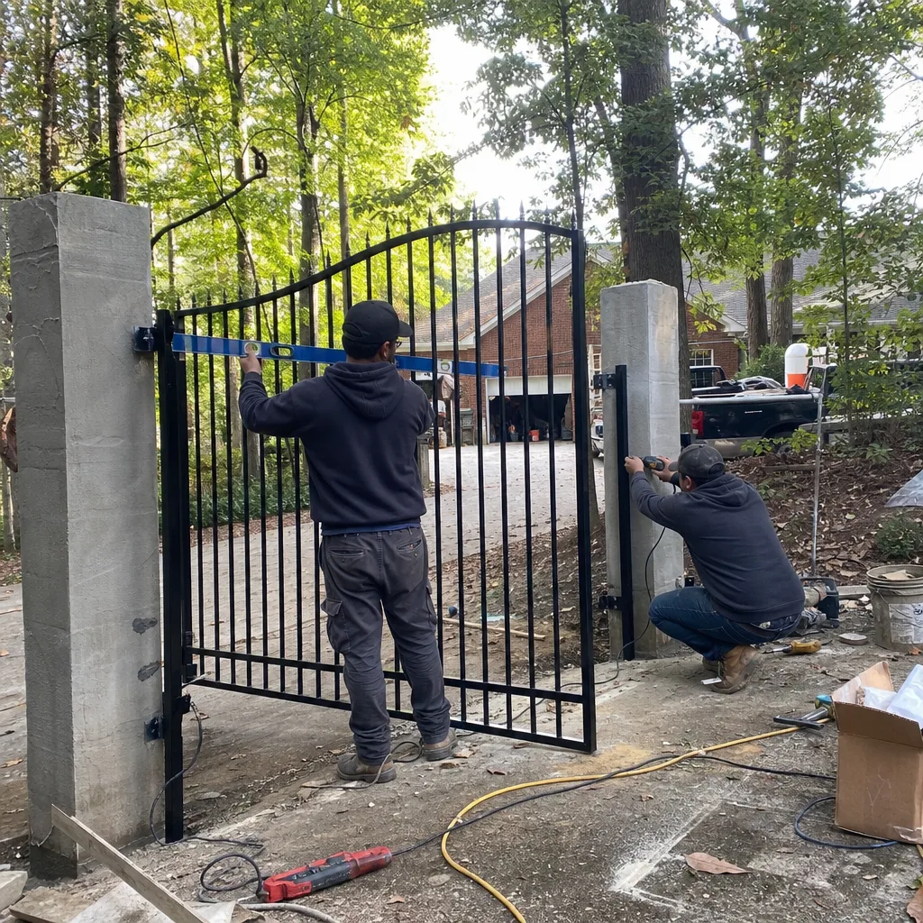 Two technicians installing a professional metal security gate.