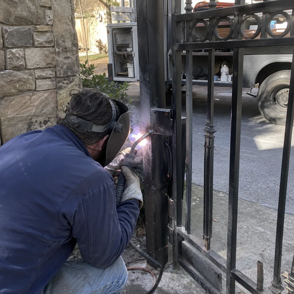 Professional welder performing metal gate repair and hinge welding.