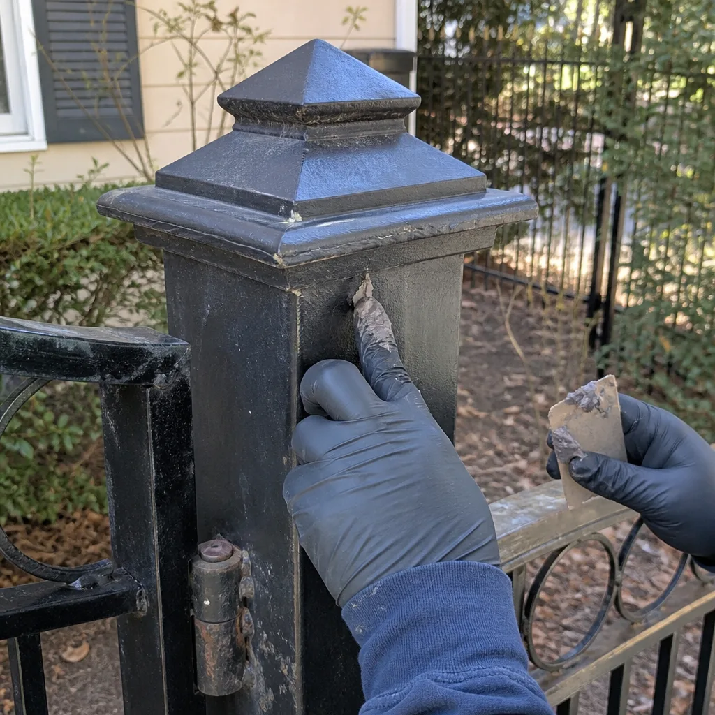 Professional hand repairing a crack on a black metal gate post