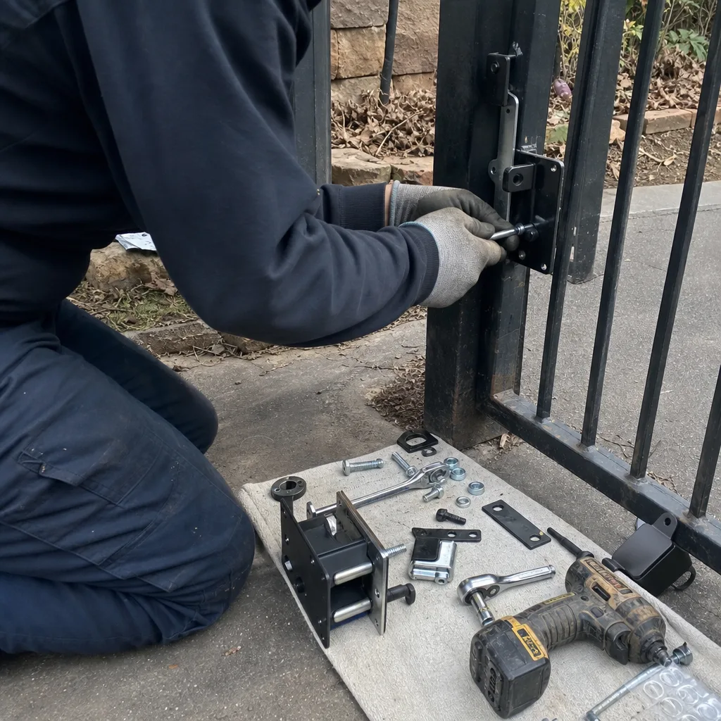 Technician installing a gate lock mechanism with tools on a mat